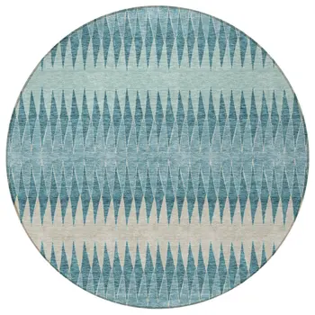 8' Teal Blue Aqua And Ivory Round Striped Washable Indoor Outdoor Area Rug