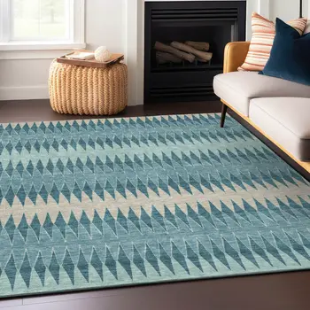 9' X 12' Teal Blue Aqua And Ivory Striped Washable Indoor Outdoor Area Rug