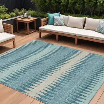 10' X 14' Teal Blue Aqua And Ivory Striped Washable Indoor Outdoor Area Rug