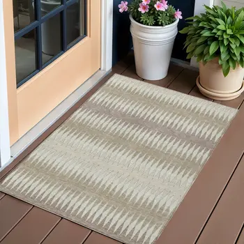 3' X 5' Taupe Beige And Ivory Striped Washable Indoor Outdoor Area Rug