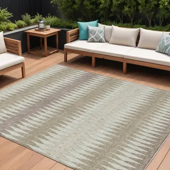 9' X 12' Taupe Beige And Ivory Striped Washable Indoor Outdoor Area Rug