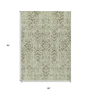 5' X 8' Artichoke Green And Brown Floral Washable Indoor Outdoor Area Rug