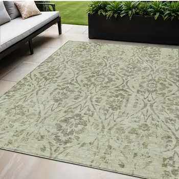5' X 8' Artichoke Green And Brown Floral Washable Indoor Outdoor Area Rug