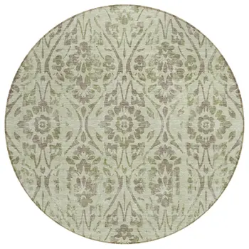 8' Artichoke Green And Brown Round Floral Washable Indoor Outdoor Area Rug