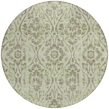 8' Artichoke Green And Brown Round Floral Washable Indoor Outdoor Area Rug