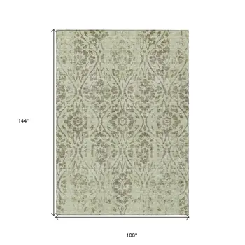9' X 12' Artichoke Green And Brown Floral Washable Indoor Outdoor Area Rug