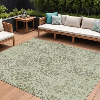 9' X 12' Artichoke Green And Brown Floral Washable Indoor Outdoor Area Rug