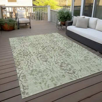 9' X 12' Artichoke Green And Brown Floral Washable Indoor Outdoor Area Rug