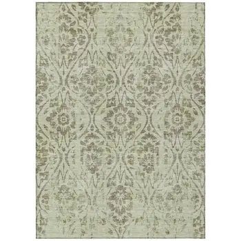 9' X 12' Artichoke Green And Brown Floral Washable Indoor Outdoor Area Rug