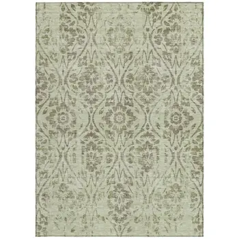 9' X 12' Artichoke Green And Brown Floral Washable Indoor Outdoor Area Rug