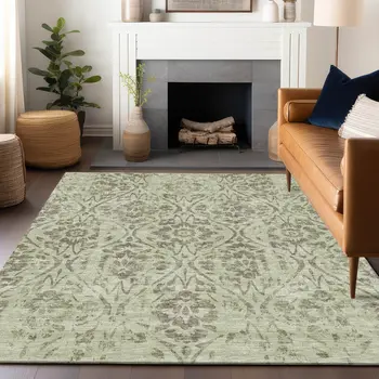 9' X 12' Artichoke Green And Brown Floral Washable Indoor Outdoor Area Rug