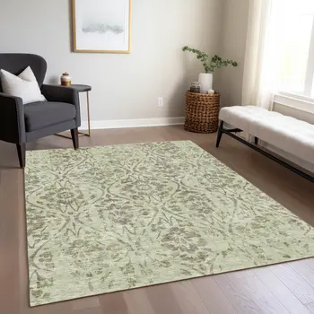9' X 12' Artichoke Green And Brown Floral Washable Indoor Outdoor Area Rug