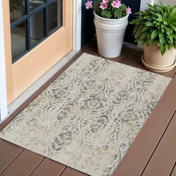 3' X 5' Beige Floral Washable Indoor Outdoor Area Rug