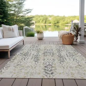 3' X 5' Beige Floral Washable Indoor Outdoor Area Rug