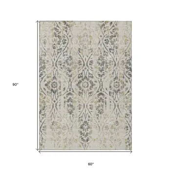 5' X 8' Beige And Dark Gray Floral Washable Indoor Outdoor Area Rug