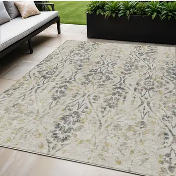 5' X 8' Beige And Dark Gray Floral Washable Indoor Outdoor Area Rug