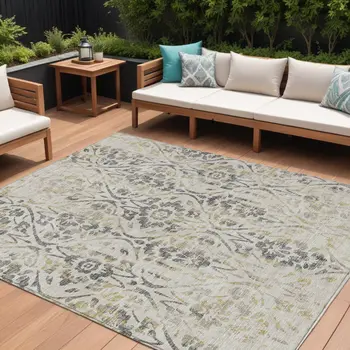 8' X 10' Beige And Dark Gray Floral Washable Indoor Outdoor Area Rug