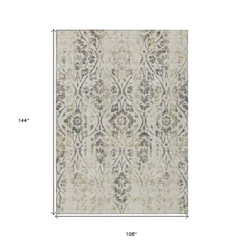 9' X 12' Beige And Dark Gray Floral Washable Indoor Outdoor Area Rug