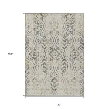 10' X 14' Beige And Dark Gray Floral Washable Indoor Outdoor Area Rug
