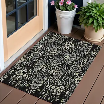 3' X 5' Black Gray And Ivory Floral Washable Indoor Outdoor Area Rug