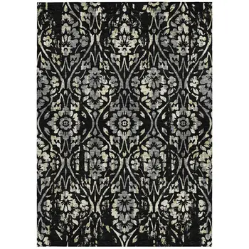 5' X 8' Black Gray And Ivory Floral Washable Indoor Outdoor Area Rug
