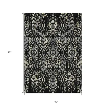 5' X 8' Black Gray And Ivory Floral Washable Indoor Outdoor Area Rug