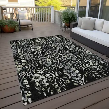 5' X 8' Black Gray And Ivory Floral Washable Indoor Outdoor Area Rug