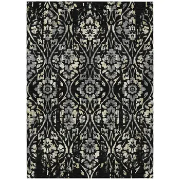 5' X 8' Black Gray And Ivory Floral Washable Indoor Outdoor Area Rug