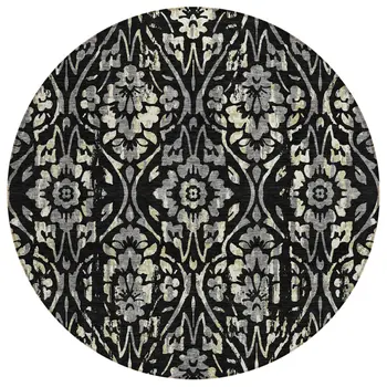 8' Black Gray And Ivory Round Floral Washable Indoor Outdoor Area Rug