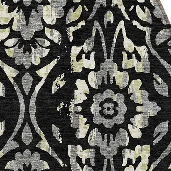 8' Black Gray And Ivory Round Floral Washable Indoor Outdoor Area Rug