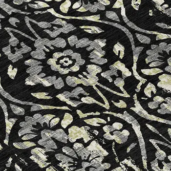 8' Black Gray And Ivory Round Floral Washable Indoor Outdoor Area Rug