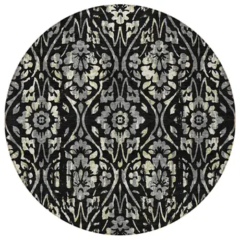 8' Black Gray And Ivory Round Floral Washable Indoor Outdoor Area Rug