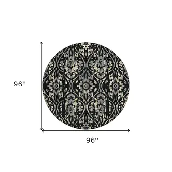 8' Black Gray And Ivory Round Floral Washable Indoor Outdoor Area Rug