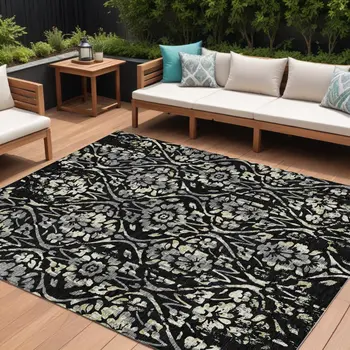 10' X 14' Black Gray And Ivory Floral Washable Indoor Outdoor Area Rug