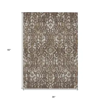 3' X 5' Brown Ivory And Green Floral Washable Indoor Outdoor Area Rug