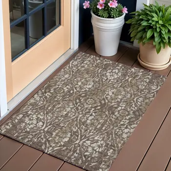 3' X 5' Brown Ivory And Green Floral Washable Indoor Outdoor Area Rug