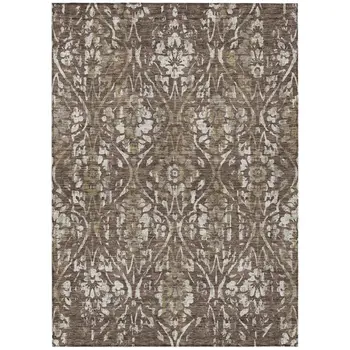 3' X 5' Brown Ivory And Green Floral Washable Indoor Outdoor Area Rug