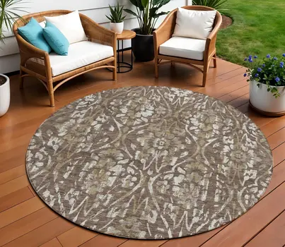 8' Brown Ivory And Green Round Floral Washable Indoor Outdoor Area Rug