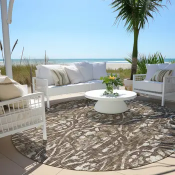 8' Brown Ivory And Green Round Floral Washable Indoor Outdoor Area Rug