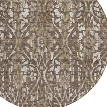 8' Brown Ivory And Green Round Floral Washable Indoor Outdoor Area Rug