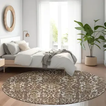 8' Brown Ivory And Green Round Floral Washable Indoor Outdoor Area Rug