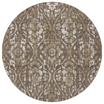 8' Brown Ivory And Green Round Floral Washable Indoor Outdoor Area Rug