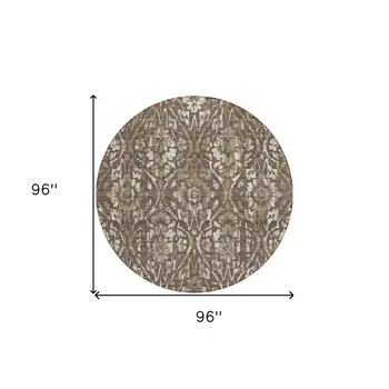 8' Brown Ivory And Green Round Floral Washable Indoor Outdoor Area Rug