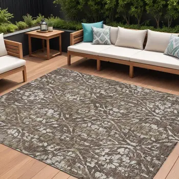 8' X 10' Brown Ivory And Green Floral Washable Indoor Outdoor Area Rug