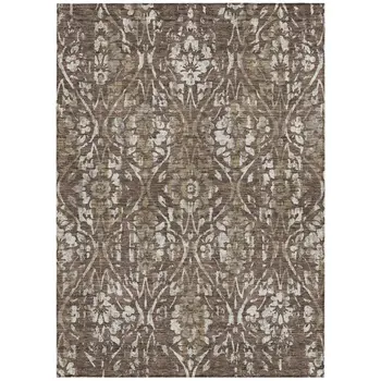 8' X 10' Brown Ivory And Green Floral Washable Indoor Outdoor Area Rug
