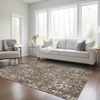 8' X 10' Brown Ivory And Green Floral Washable Indoor Outdoor Area Rug