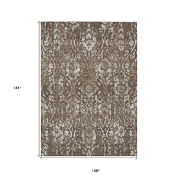 9' X 12' Brown Ivory And Green Floral Washable Indoor Outdoor Area Rug