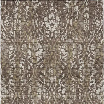 10' X 14' Brown Ivory And Green Floral Washable Indoor Outdoor Area Rug