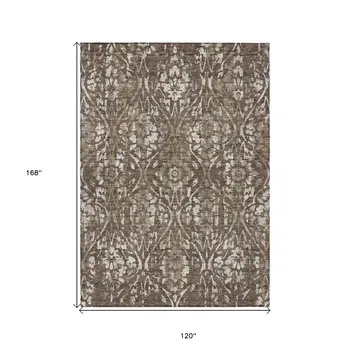 10' X 14' Brown Ivory And Green Floral Washable Indoor Outdoor Area Rug