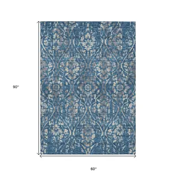 5' X 8' Blue And Ivory Floral Washable Indoor Outdoor Area Rug